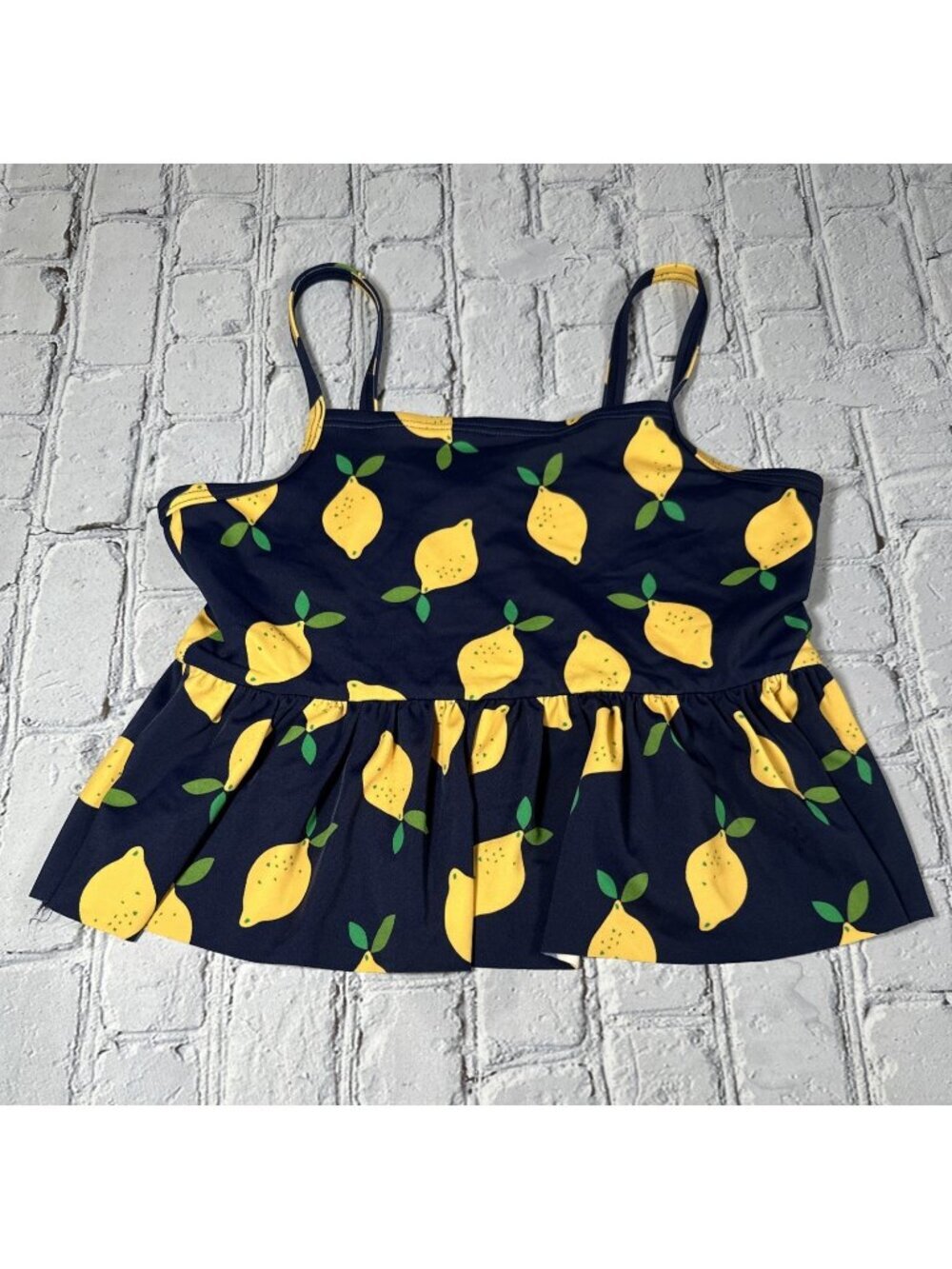 Hanna Andersson Lemon Tankini Swim Top Size 140 CM 10 Navy Blue Yellow Girls